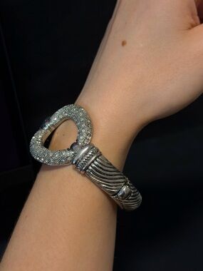 Vintage Silver Tone Cable Cuff Bracelet with Pave Crystals - Yurman Style
